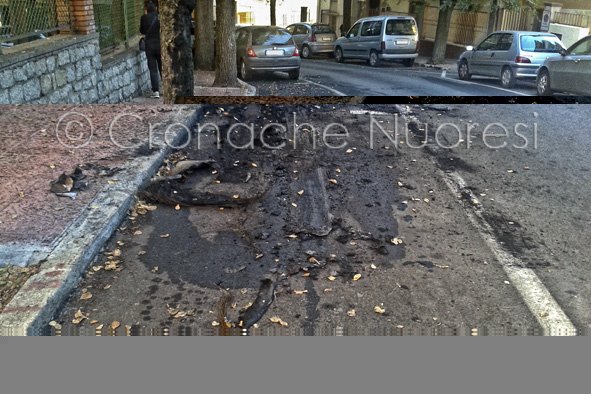 I resti della Nissan andata a fuoco nella notte(© foto Cronache Nuoresi)