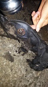 un pezzo di una delle auto bruciate