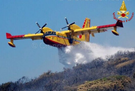 Uno dei canadair in azione sui monti di Orani (foto-VdF)