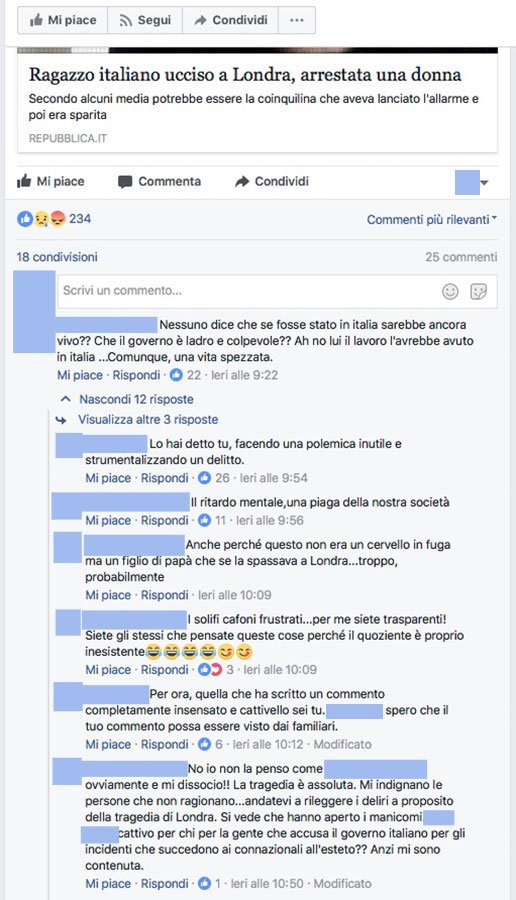 Alcuni dei commenti alla morte di Pietro Sanna apparsi ieri su Facebook
