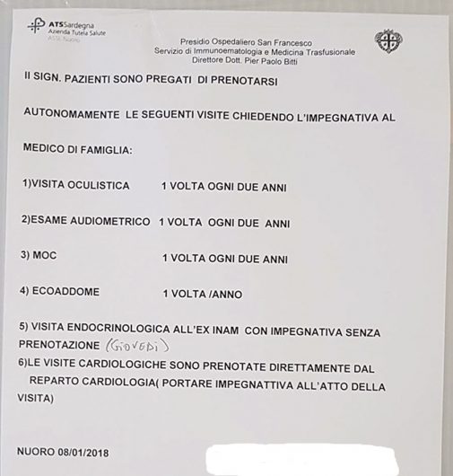 L'avviso presente nell'ambulatorio trasfusioni talassemici