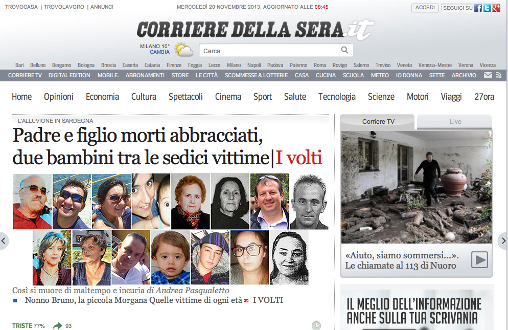 Il dramma della Sardegna sui principali quotidiani nazionali