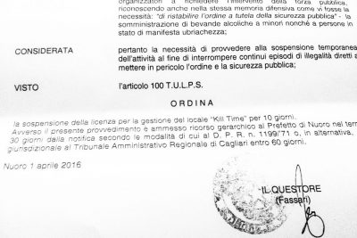 Uno stralcio del documento di chiusura emanato dal Questore