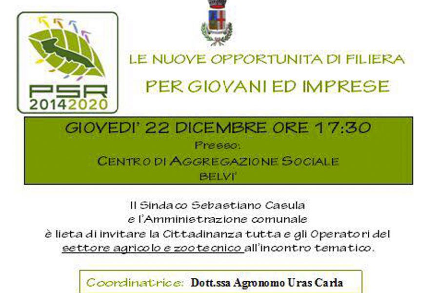 Domani a Belvì incontro sul Piano di sviluppo rurale e le opportunità per giovani e imprese