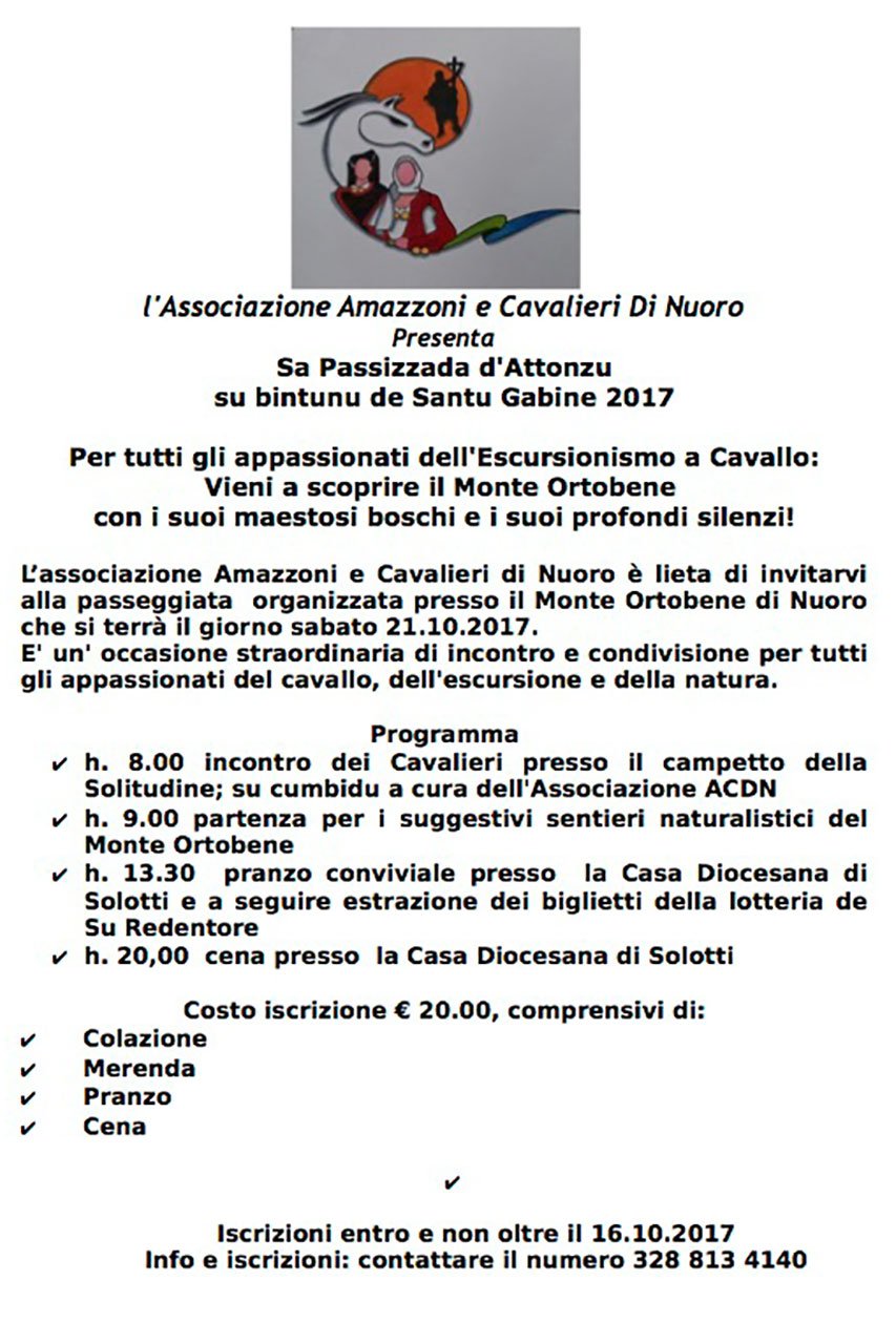 “Sa Passizzada d’Attonzu, su bintunu de Santu Gabine 2017”. Una passeggiata a cavallo tra i boschi e gli imponenti graniti dell’Ortobene