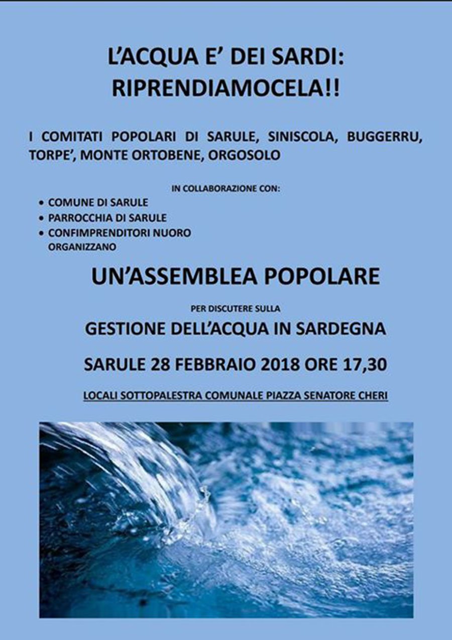 “L’acqua è dei sardi, riprendiamocela”: se ne parla domani, 28 0, a Sarule