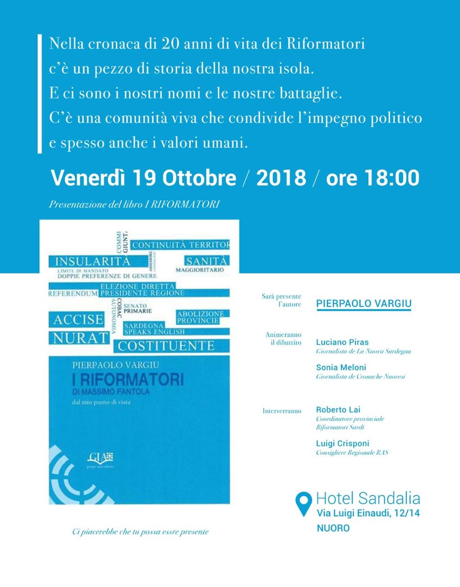 Nuoro. 20anni di Storia dei Riformatori “raccontati” all’Hotel Sandalia