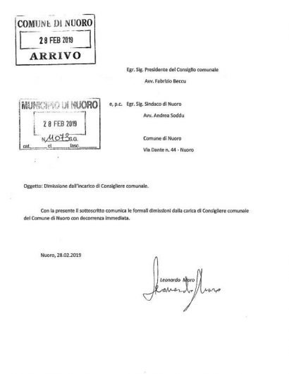 Le dimissioni presentate oggi da Leonardo Moro