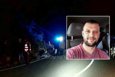 La scena dell'incidente e nel riquadro la vittima, Stefano Sedda