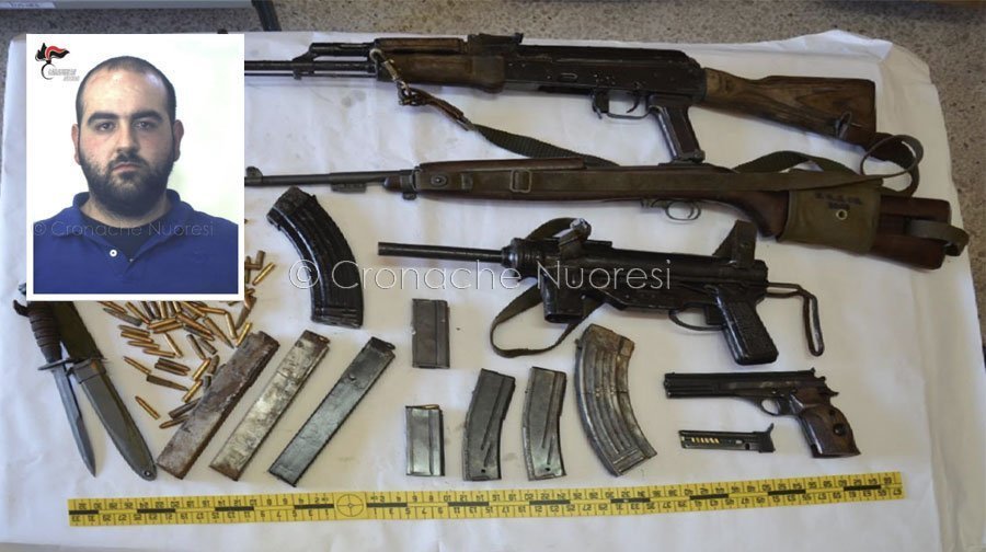 Le armi sequestrate e nel riquadro Pier Giuseppe Pittalis