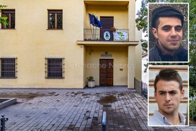 Bortigali, il palazzo Comunale e nel riquadro Gavino Bulla e Diego Caggiari