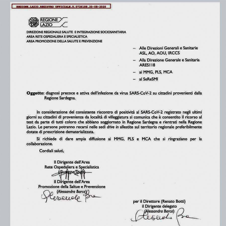 Coronavirus. Nel Lazio ok ai tamponi, a Solinas venne negato il passaporto sanitario