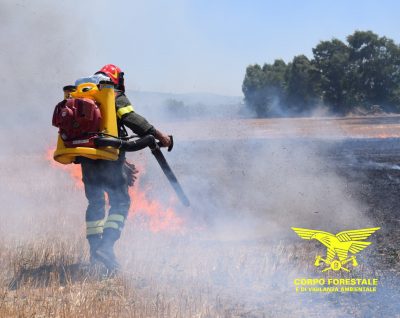 Una squadra del Corpo Forestale sul luogo dell'incendio