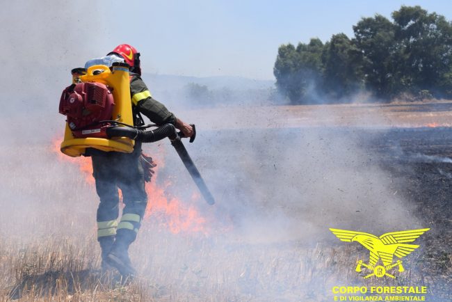 Una squadra del Corpo Forestale sul luogo dell'incendio
