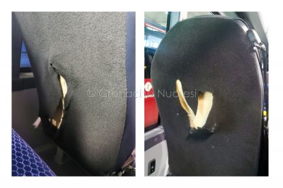 Due dei sedili danneggiati sui nuovi pullman (foto S.Meloni)