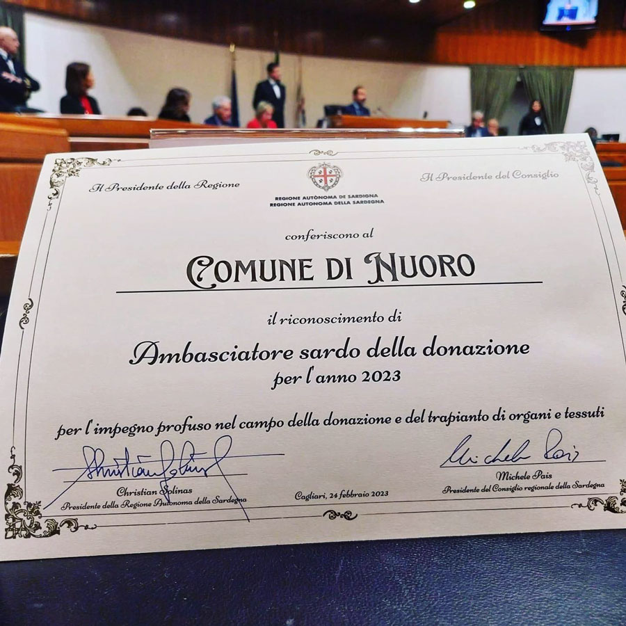 La Regione conferisce a Nuoro il il riconoscimento di ambasciatore sardo della donazione