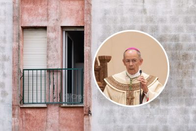 La palazzina della tragedia e mons. Antonello Mura (foto S.Novellu)