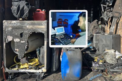L'attrezzatura distrutta dal fuoco e nel riquadro Massimo Buttita al lavoro