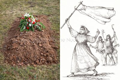 Paska Zau, in un disegno di Elio Moncelsi, e una fossa comune