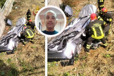 Davide Mulargia e la sua auto dopo l'incidente