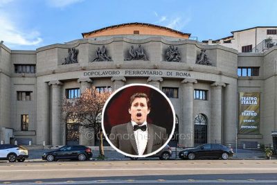 Roma, il Teatro Italia. Nel riquadro Francesco Congiu