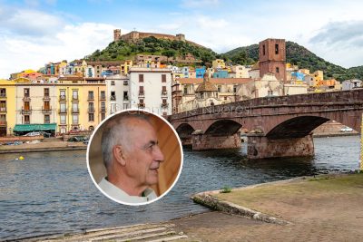 Bosa e, nel riquadro, Don Paolino Fancello