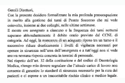 Uno stralcio della lettera - denuncia
